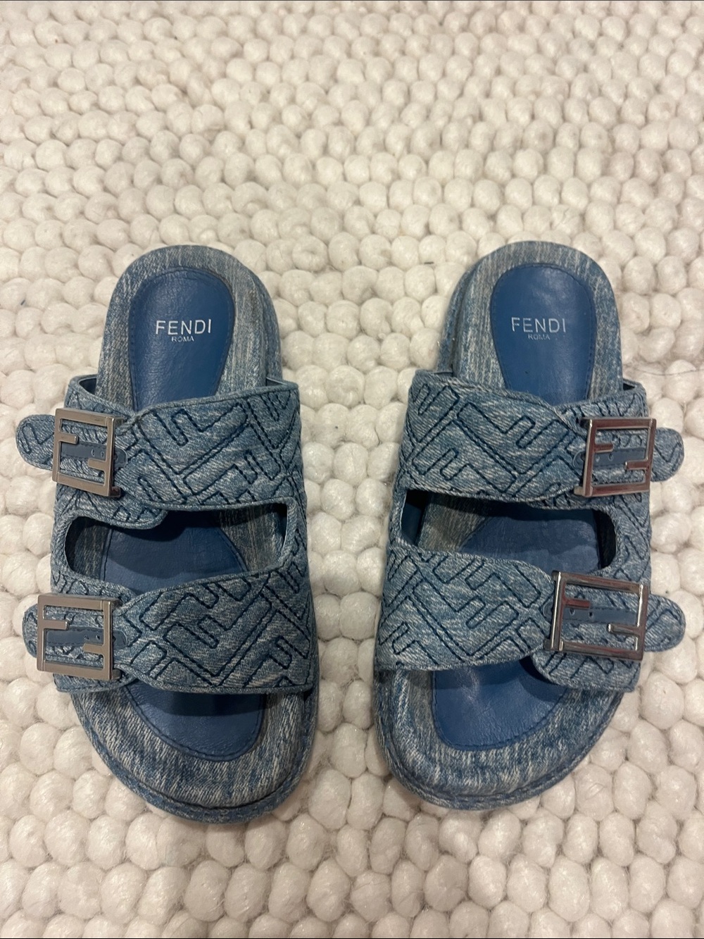 Denim-Textured Double Strap Slide Sandals in Blue size 38 fits 7.5